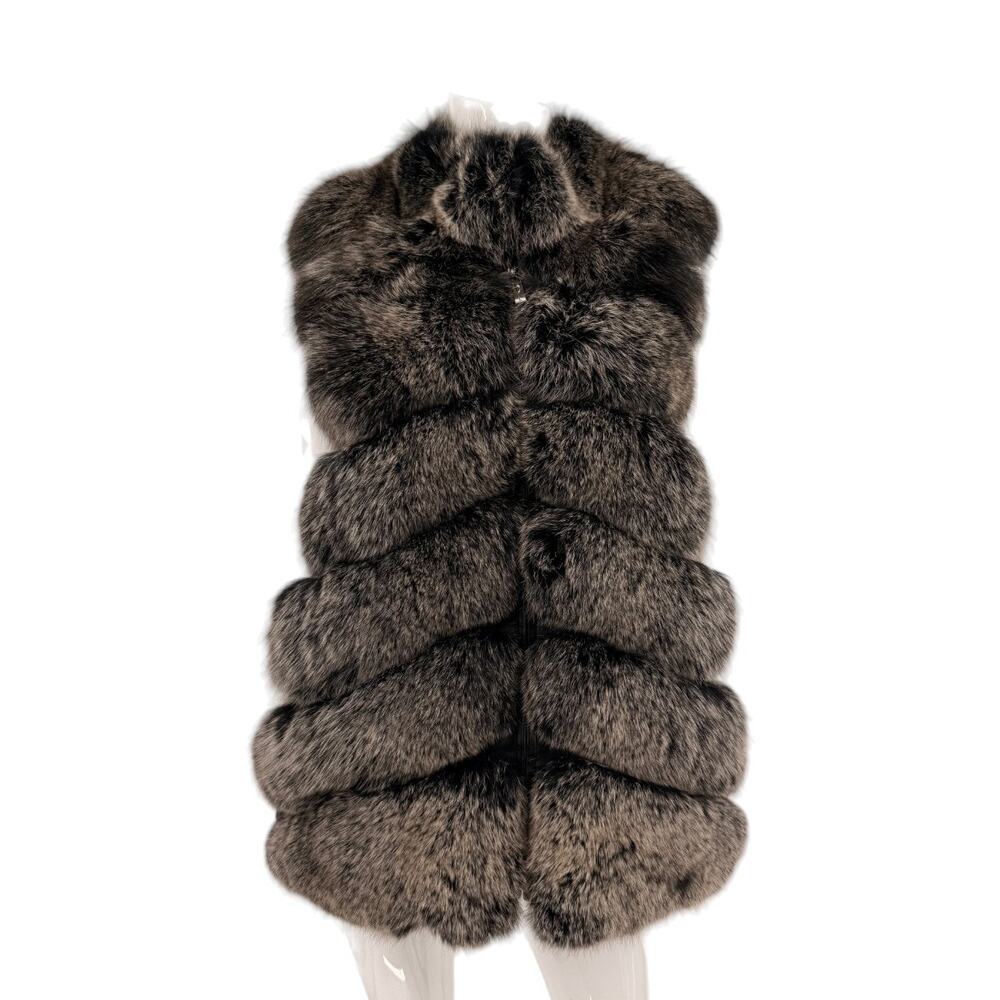 Belle Fare Luxury Real Fox Fur Full Zip Vest Silver Black Women's Size Large